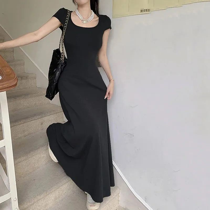 Rimocy Slim Fit Sexy Maxi Dresses for Women 2024 Summer Short Sleeve Bodycon Dress Woman Round Neck Party Club Sundress Ladies