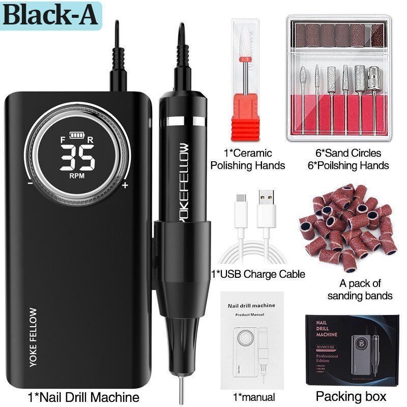 YOKEFELLOW Professional Nail Drill Machine Kit 35000RPM Rechargeable Portable Electric Nail File for Manicure Acrylic Gel Nails