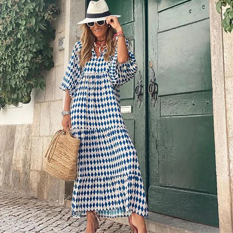 Women Summer 2024 Casual Floral Drawstring V-Neck Puff Sleeve Boho Maxi Dress Elegant Loose Holiday Beach Dresses Party Vestidos