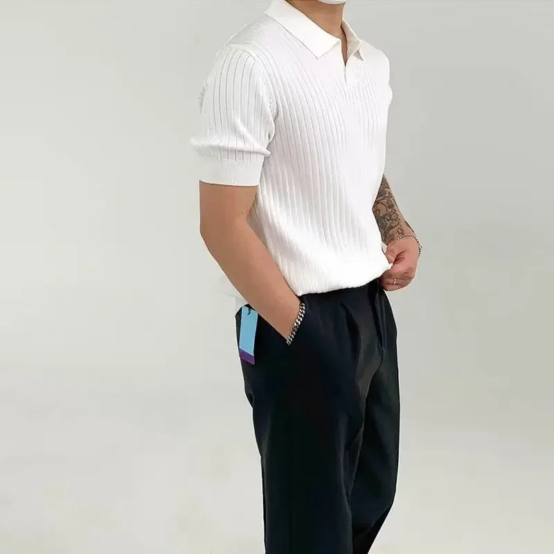 Fashion Knit Solid Color Men's Polo Shirt Slim Short Sleeve Turn-down Collar Ribbed Polo Tee 2025 Summer Men Clothes Casual Tops