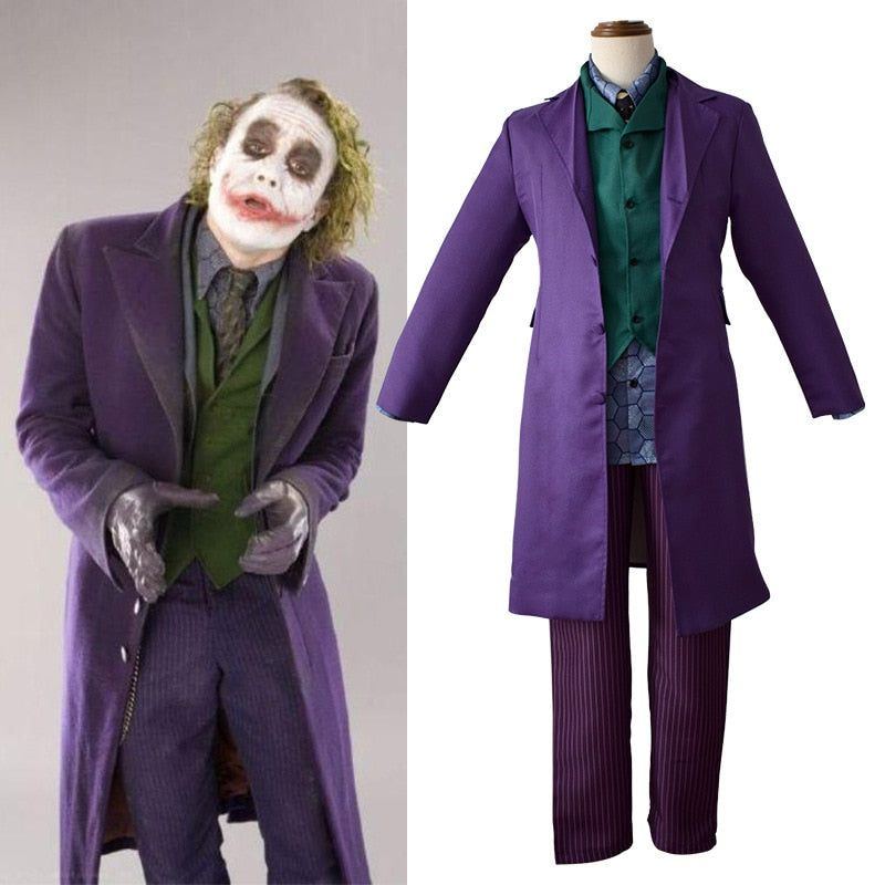 The Dark Knight Joker Cosplay Costume Movie Joker Heath Ledger Cosplay Suit Purple Jacket Uniform Blue Wig Mask For Adult
