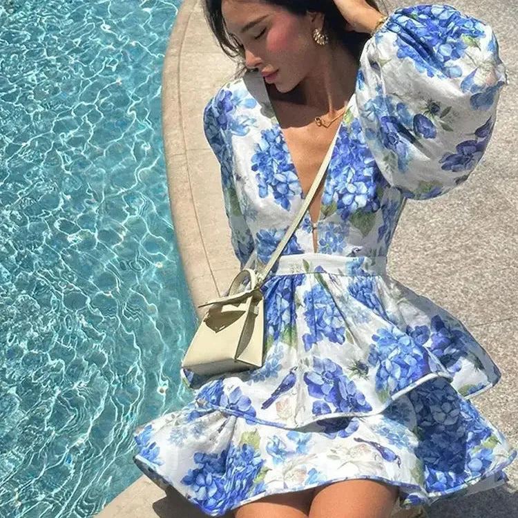 Summer Holiday Ruffled Short Dress For Women Fashion Printed V-neck Long Lantern Sleeved Sundress Lady beach party vestidos