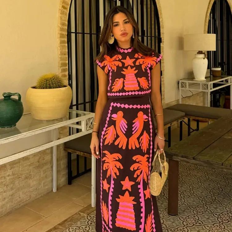 Summer Female Vintage Printed Long Skirts Suits Chic Round Neck Sleeveless Crop Tops High Waist Skirt Set Female Street Outfits