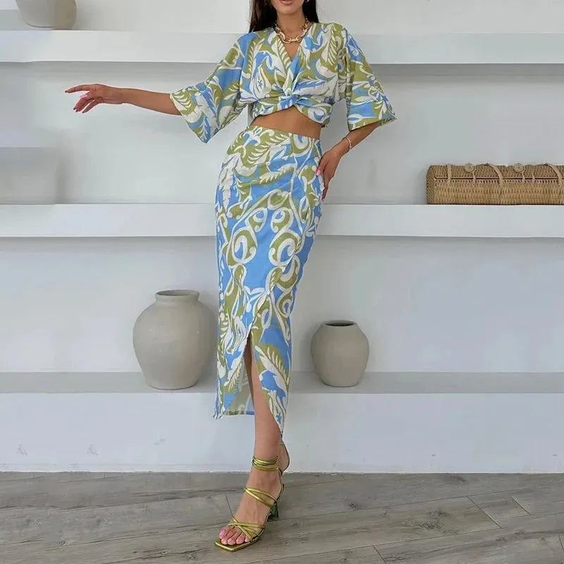 Women Two Piece Set Casual Half Sleeve V Neck Printed Cross High Waist Top Irregular Pleated Slit Slim Long Skirt Sets