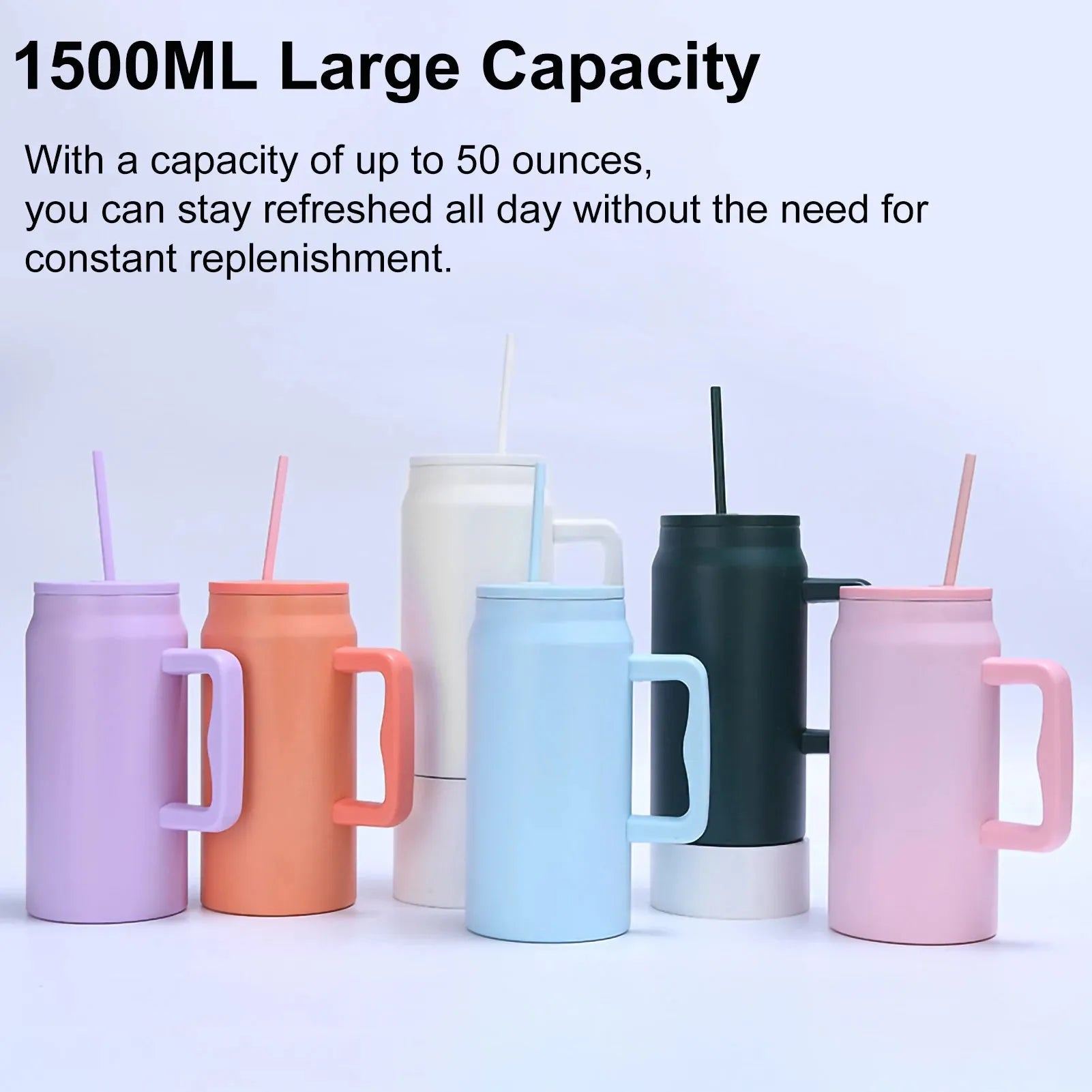 50Oz Stainless Steel Thermos Cup Large Capacity Straw Cups Vacuum Insulated Mugs Outdoor Portable Cup Handle Bottle