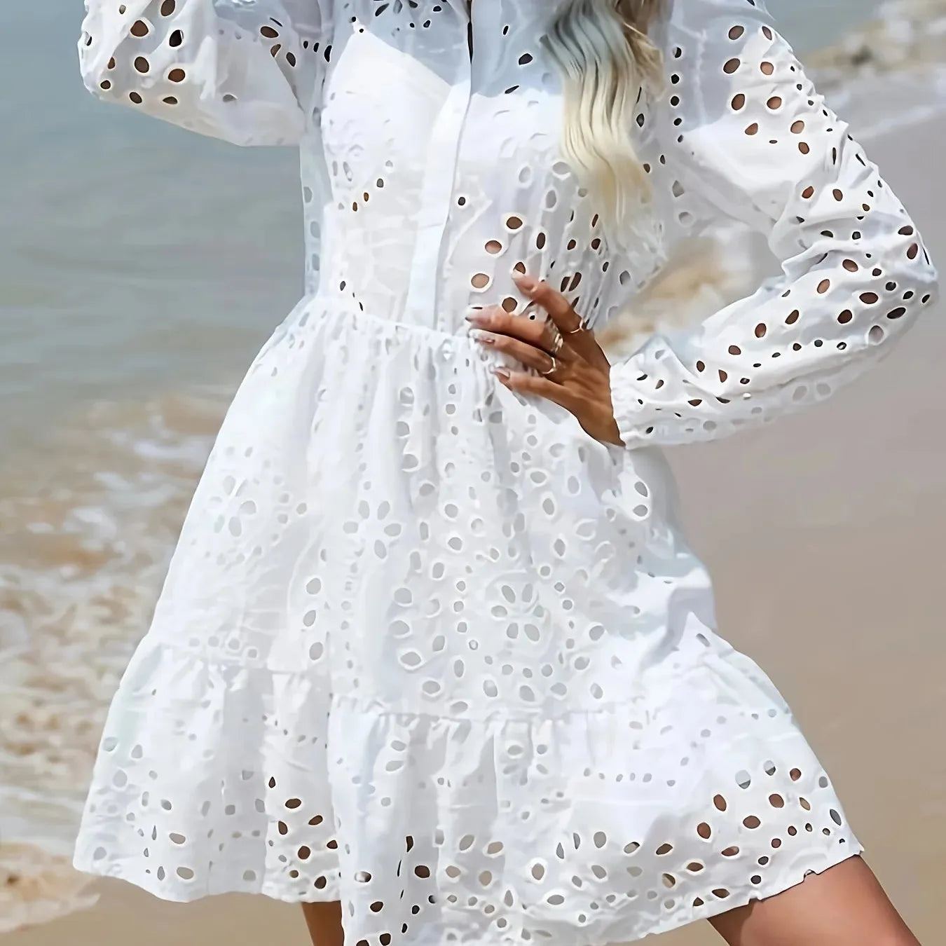 Solid Eyelet Collared Ruffle Hem Dress, Vacation Long Sleeve Waist Dress, Women's Clothing