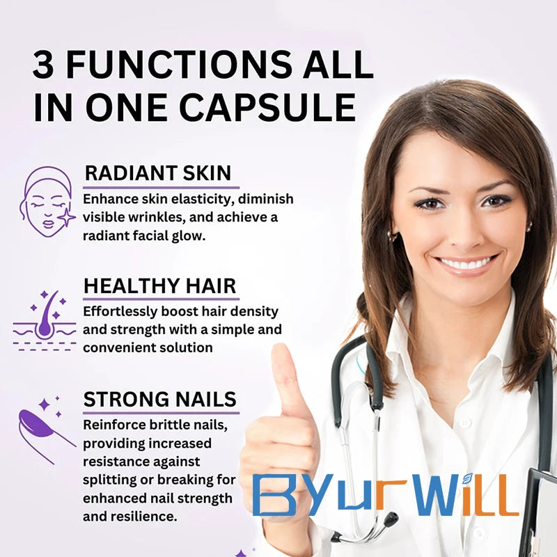 ByurWill Biotin Collagen Supplement Biotin for Hair Growth Strong Hair Dry Hair Follicle Repair Skin Adult 4 weeks Change Beauty