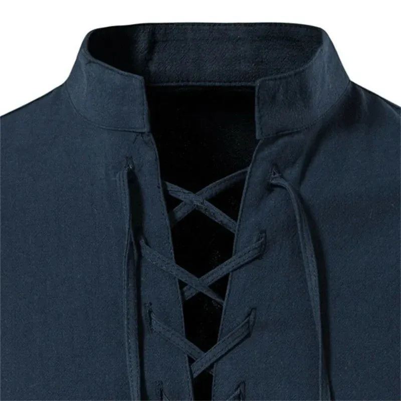 2022 New Men's V-neck shirt T-shirt Fashion Vintage Thin Long Sleeve Top men Casual Breathable Front Lace Up man Shirts