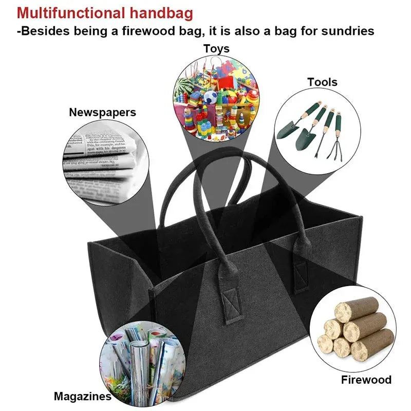 Fireplace Wood Felt Storage Bag Basket Magazine Rack Firewood Pocket,Felt Foldable Firewood Holder Basket Gray