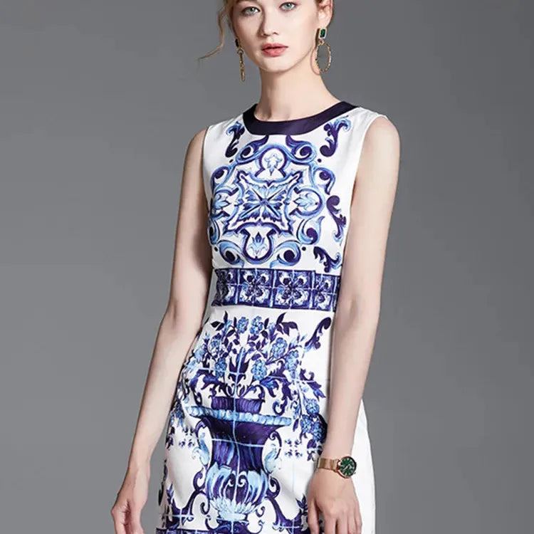 Fashion Runway Summer Short Dress Women's Sleeveless Elegant Blue And White Porcelain Flower Print Holiday Tank Mini Vestidos