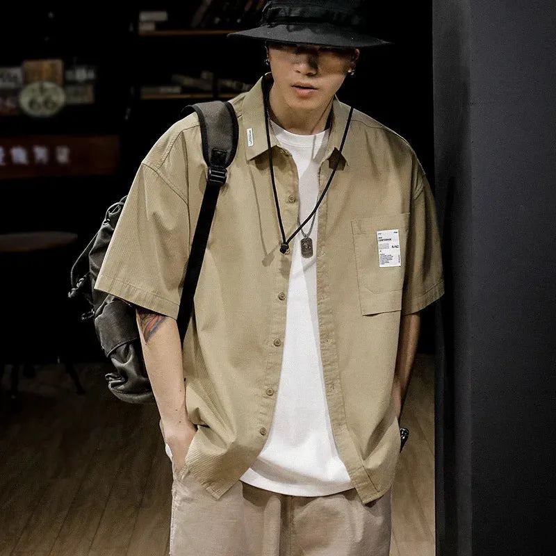 2023 Vintage Short Sleeve Social Shirt Men's Loose Casual Cardigan Cargo Shirt Summer Fashion Preppy Streetwear Plain Blouses