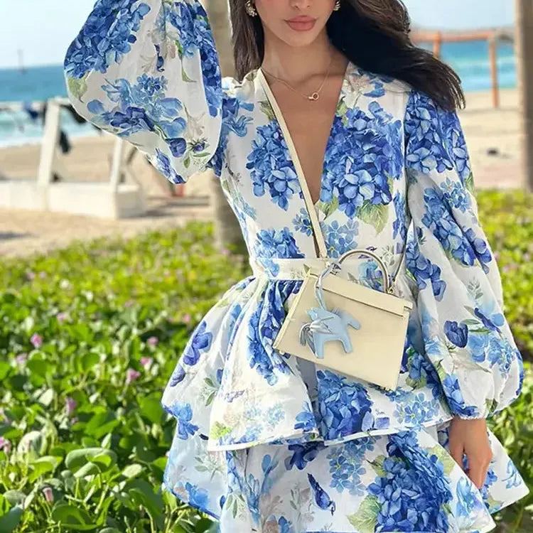 Summer Holiday Ruffled Short Dress For Women Fashion Printed V-neck Long Lantern Sleeved Sundress Lady beach party vestidos