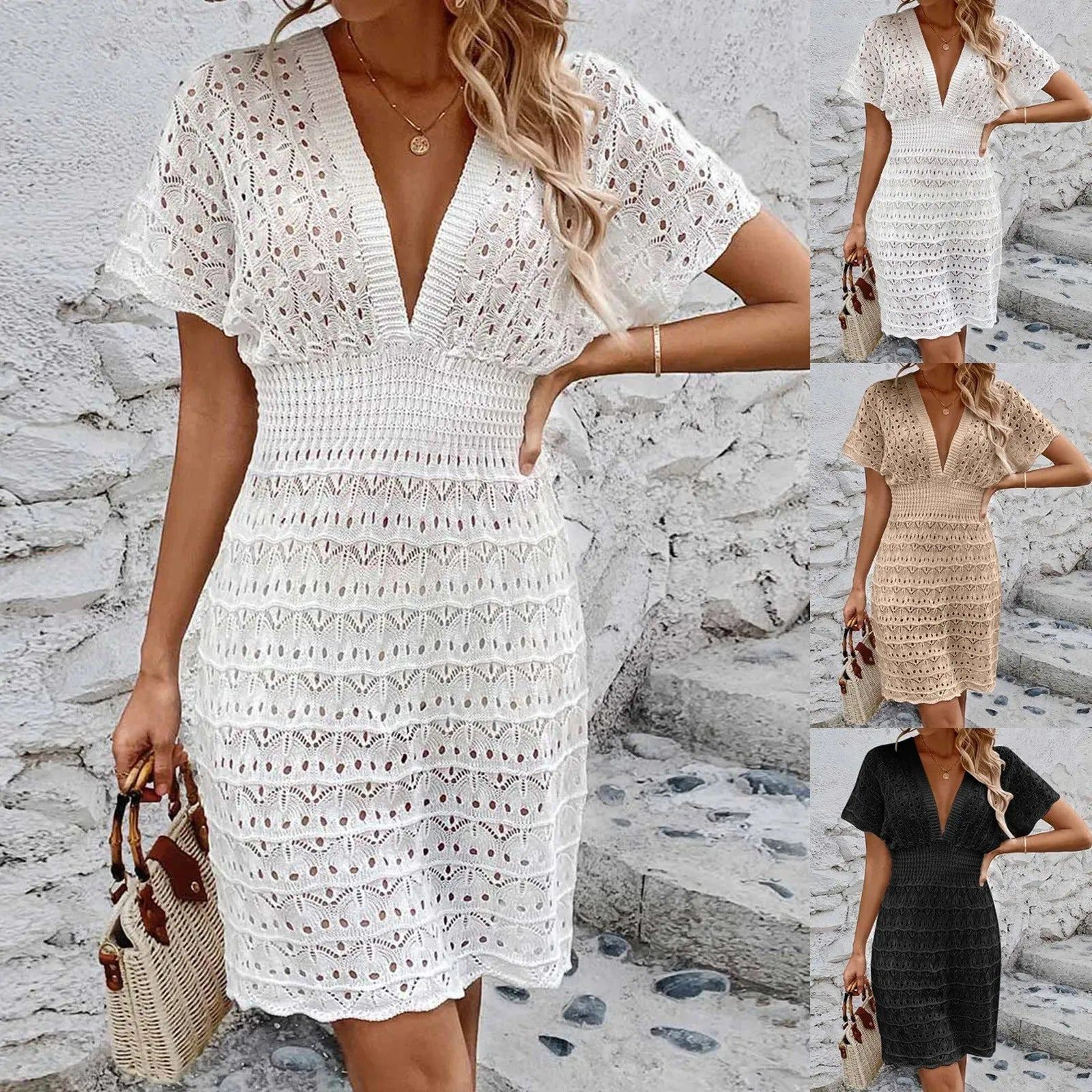 Hollow Bohemian Beach Cover Up Dresses For Women Summer Deep V Neck Elastic Cover Ups Sundress Female Crochet Swimwear Dress