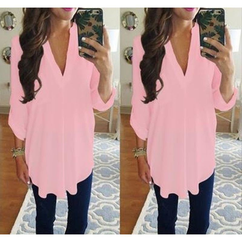 Loose Maternity V-Neck Blouse Long Sleeve Shirt Pullover Tops Chiffon Female Women Solid T-Shirt Streetwear Clothing Plus Size - Jointcorp