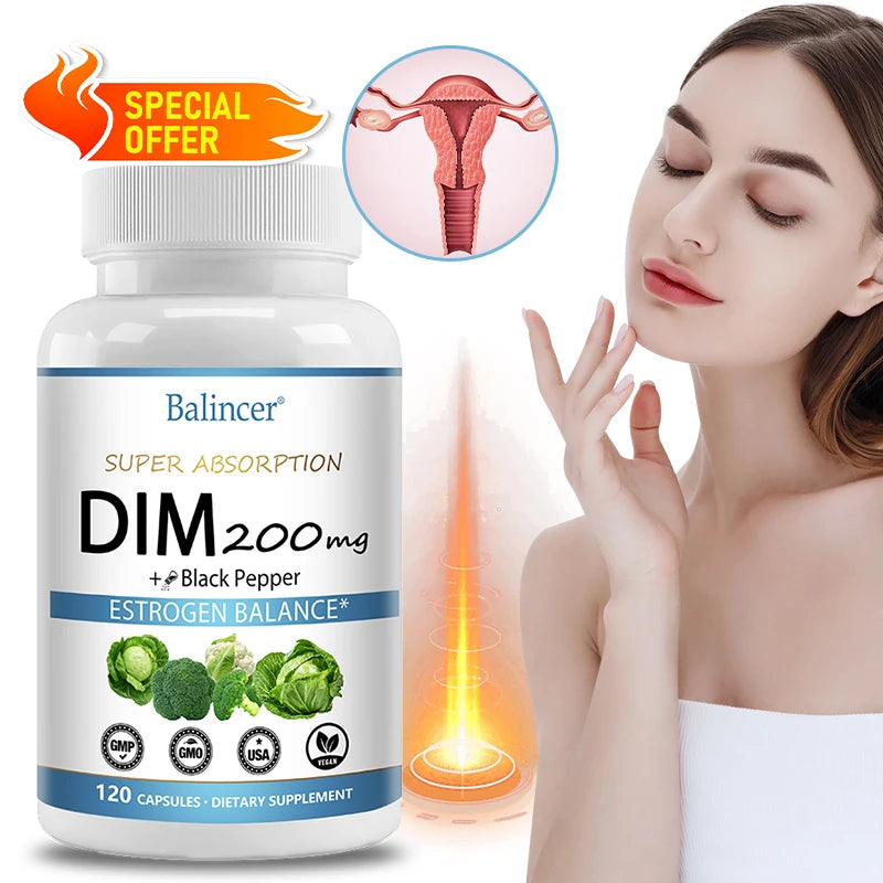 DIM Supplement 200mg Diindolylmethane - Maintains Hormonal Balance with Estrogen for Menopause and Mid-life