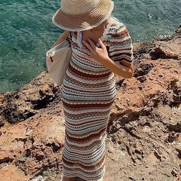 Chic Contrast Striped Knitted Maxi Dresses Female U-neck Short Sleeve High Waist Slim Vestidos Women Casual Beach Holiday Dress