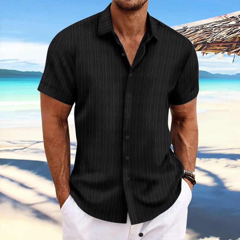 2024 Summer Beach Casual Shirts Men Short Sleeve Fashion Striped Texture Loose Shirt Daily Leisure Mens Clothes Vintage Cardigan
