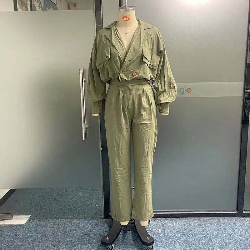 Women Two Piece Set Autumn Office Fashion Solid Lapel V Neck Long Lantern Sleeve Shirt Top Loose Pants Sets Streetwear