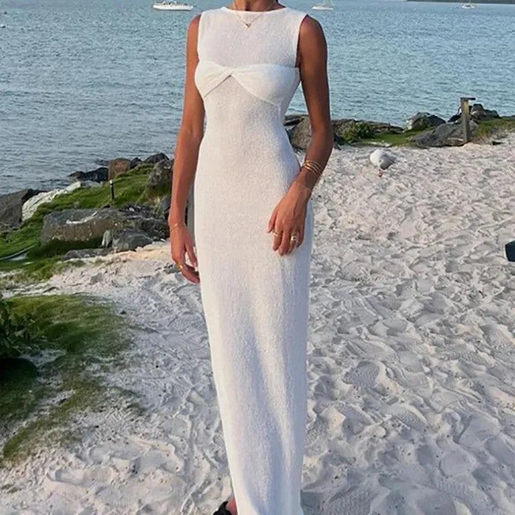 JULISSA MO Knitted Round Neck Ruched Women Maxi Dress Sleeveless See Through Dress Female Summer Skinny Elegant Party Beachwear