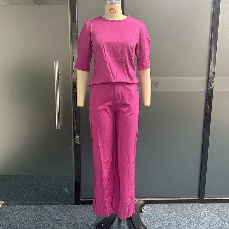 Women Two Piece Set Summer Casual Solid Puff Short Sleeve Round Neck Top Loose With Pockets Pants Sets High Streetwear