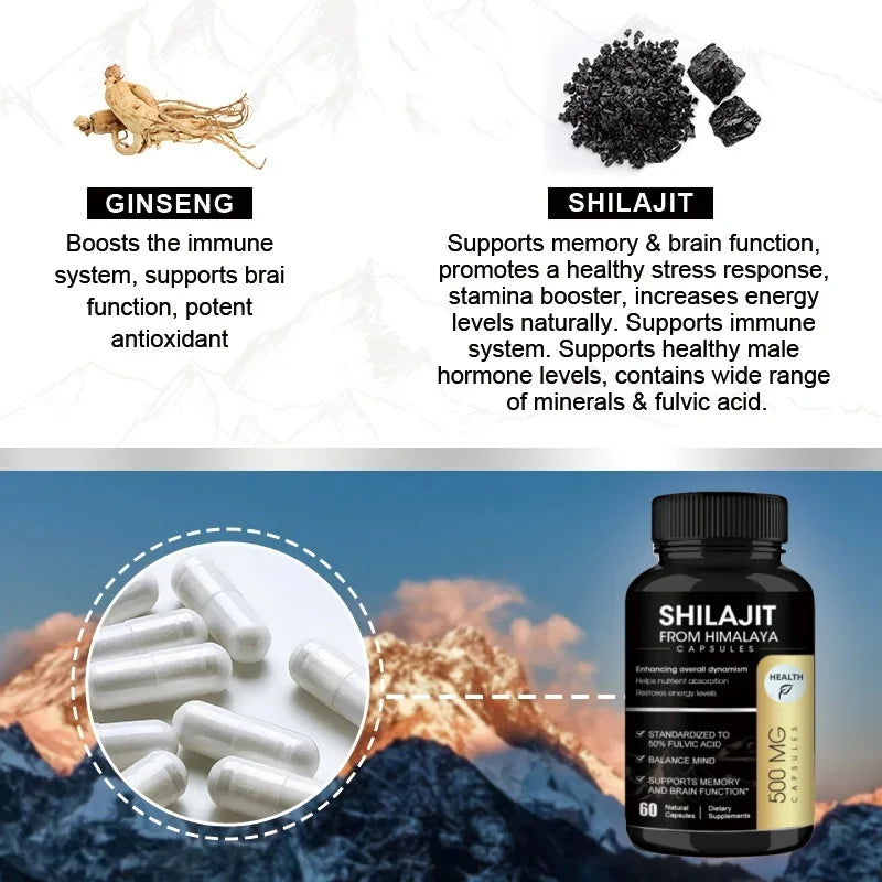 Organic Shilajit Capsules with Ginseng & 50% Fulvic Acid & Trace Minerals Supplement Support Brain and Focus, Energy