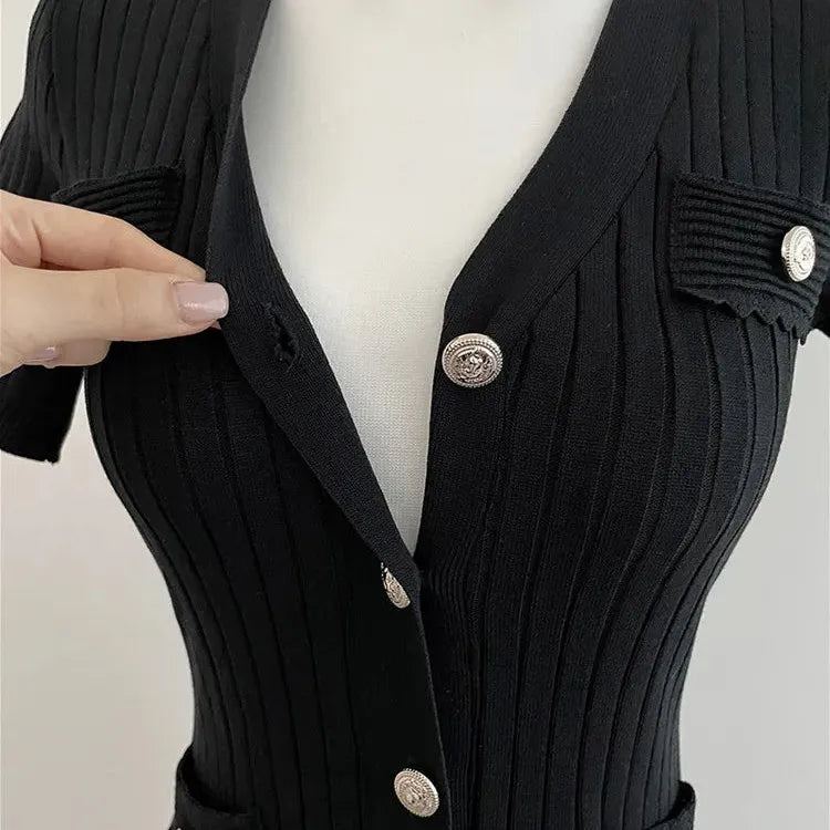 Summer Midi Dress Women Knitted Black Bodycon Korea Style Ruffle Ladies Dresses Elegant Fashion Casual Woman Dress 2023