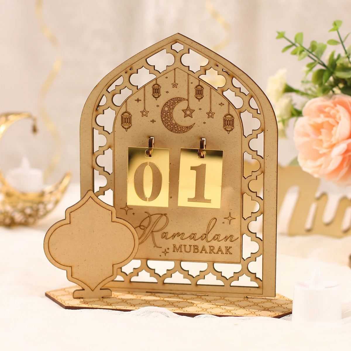 Ramadan Wooden Countdown Calendar Ornament 2025 Eid Mubarak Ramadan Decoration for Home Eid Al Adha Islamic Muslim Party Decor