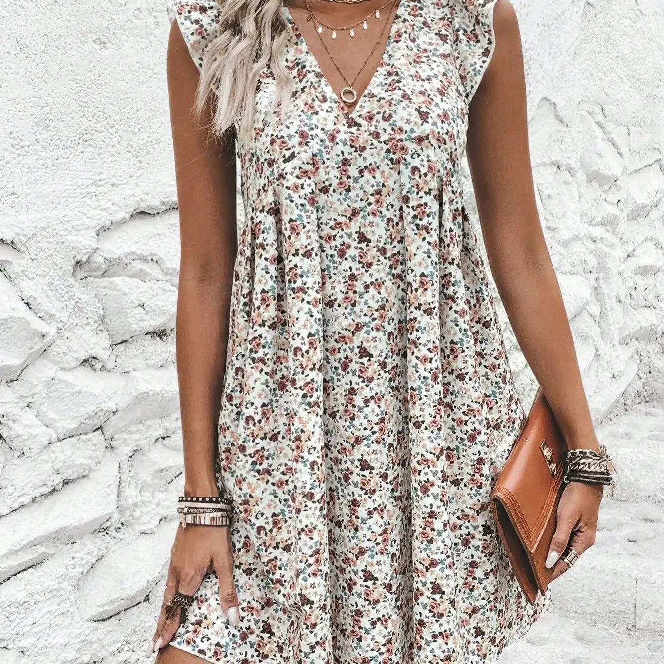 Summer new fashionable V-neck ruffle sleeve floral print short loose casual leak back lace up women's dress, Rear car sexy dress