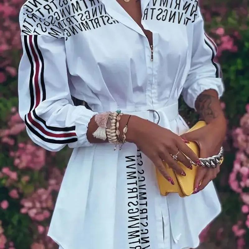 Fashion Long Sleeve Letter Print Shirt Dress Women Spring Pleated Lace Up Dresses For Women 2023 Office Elegant Zipper Vestidos