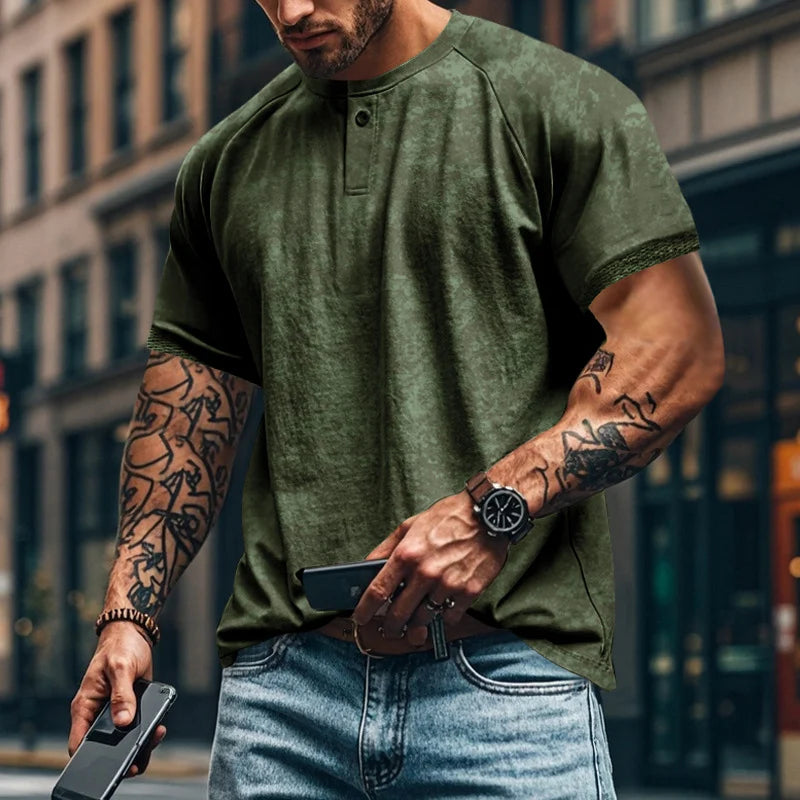2024 Summer Daily Casual Mens T Shirts Oversize Short Sleeve Solid Color Buttoned Crew Neck Pullover Tees Men Clothes Fashion