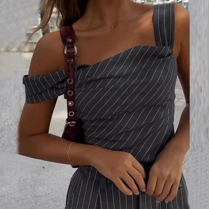 Women Two Piece Set Summer Office Off Shoulder Strap Single Sleeve Top Fahion Striped Loose Pants Suit High Streetwear