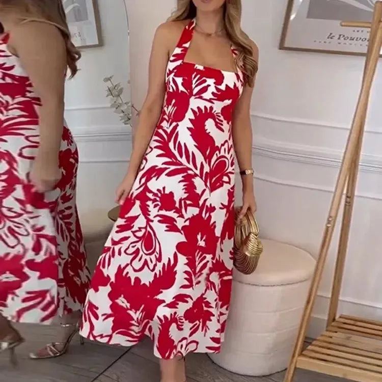 Fashion Red Print Halter Midi Dress Women Slim Off Shoulder Backless Vestidos 2024 New Casual Female Beach Maxi Dresses