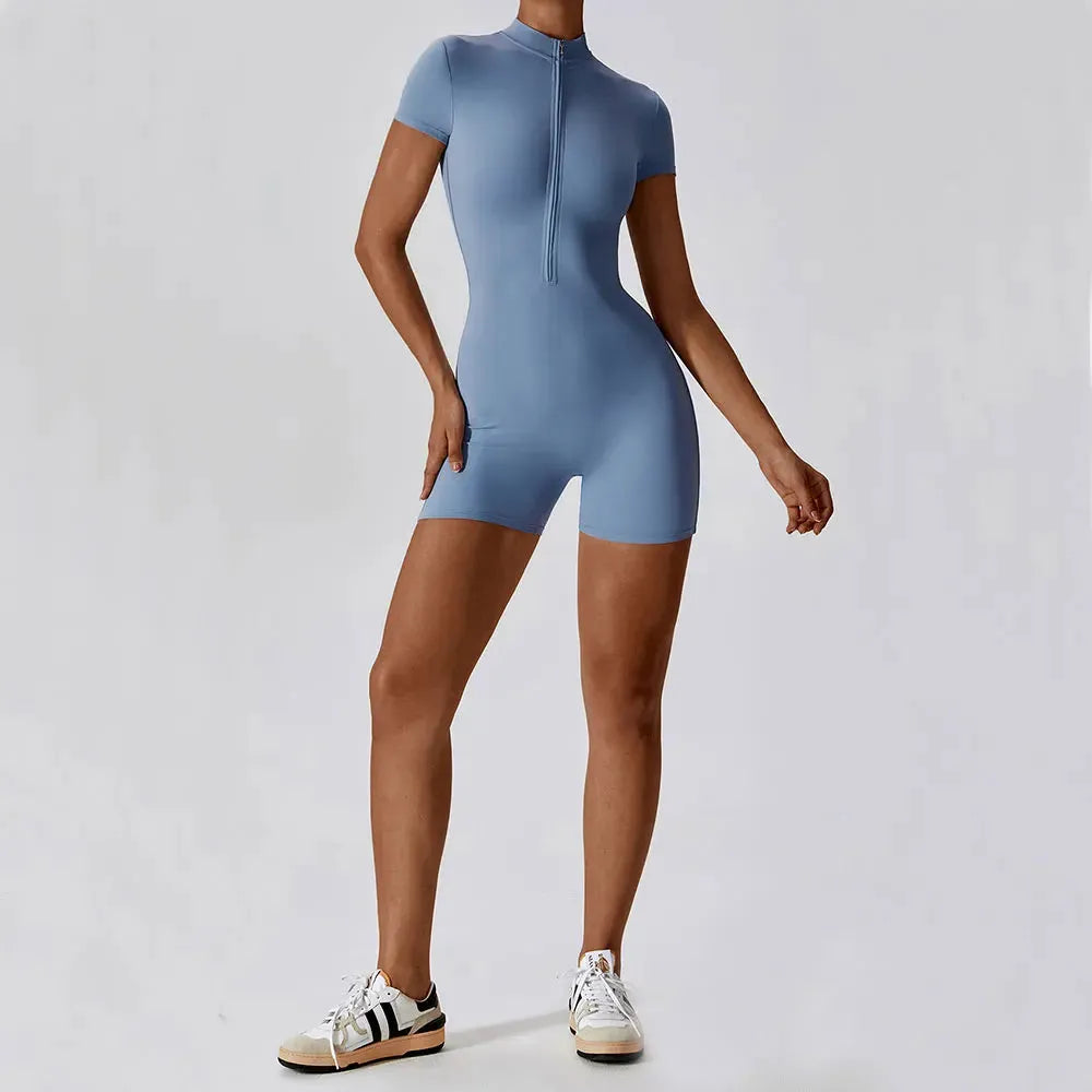 Yoga Jumpsuit Summer Short Sleeve Zipper Sports Wear Gym Fitness Sports Bodysuits Women Dance Running Workout Clothes Yoga Suit