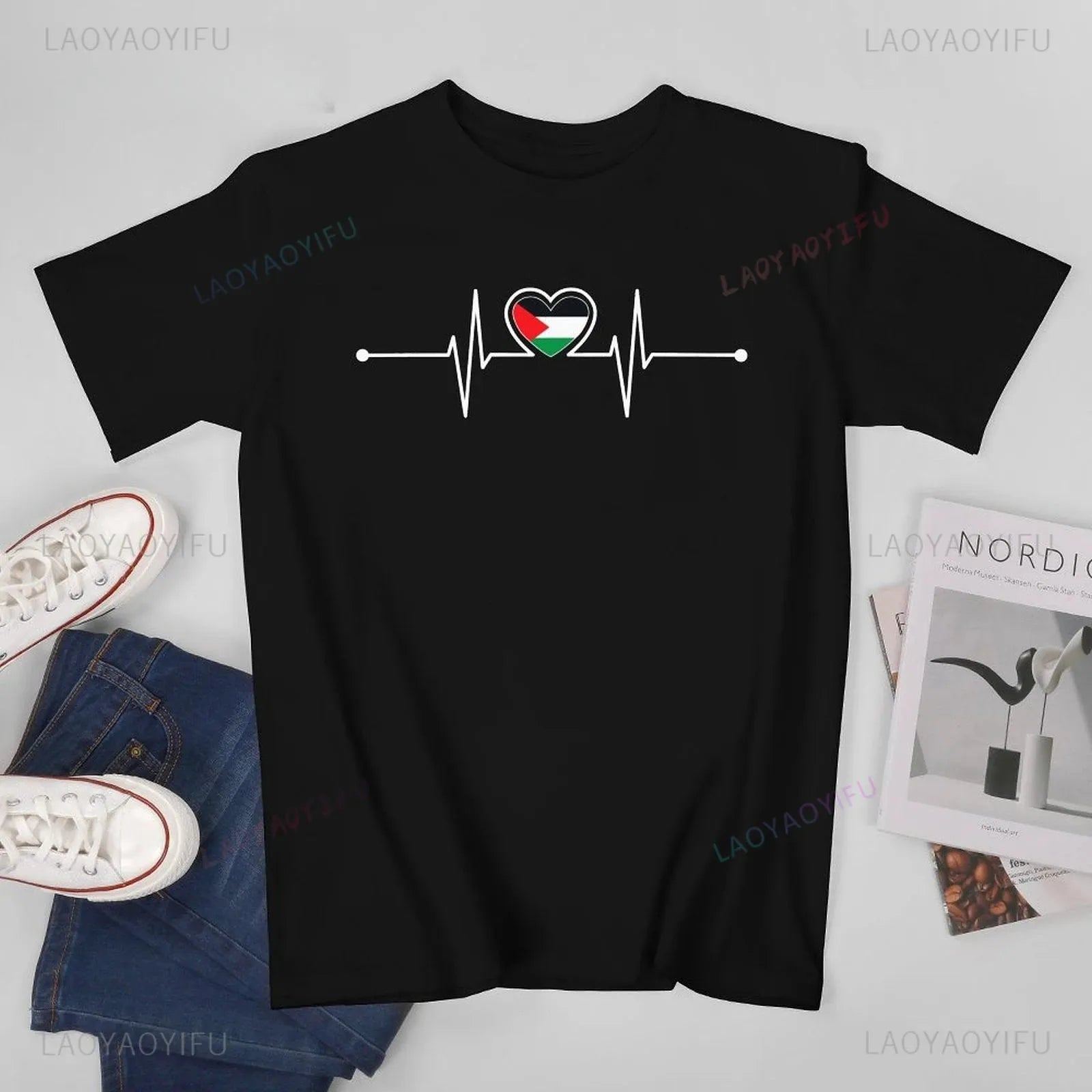 Vintage Unisex Men Palestine Heartbeat Palestine Palestinian Flag Tshirt Tees T Shirts Women Boys Cotton Classic T-Shirt
