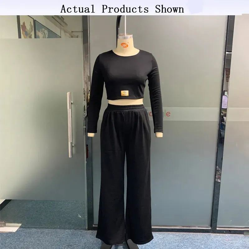 Women Two Piece Set Autumn Casual Sport Solid Round Neck Long Sleeve High Waist Slim Top Loose Wide Legs Pants Sets
