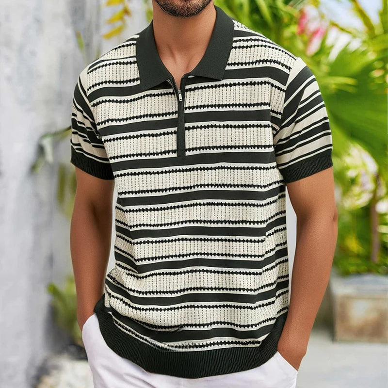 Fashion Striped Knitting Polo Shirts Men Short Sleeve Zip-up Polo Collar Shirt For Men Spring Summer Vintage Knitted Polo Shirt