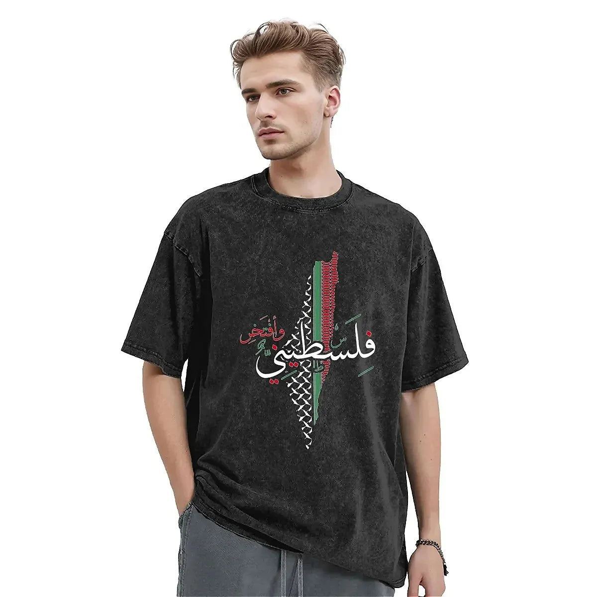 Palestine Map Print Washed T-Shirts Palestine Flag Fashion Short-Sleeve Tops Summer Casual O-Neck Tees Men's Clothing Gift