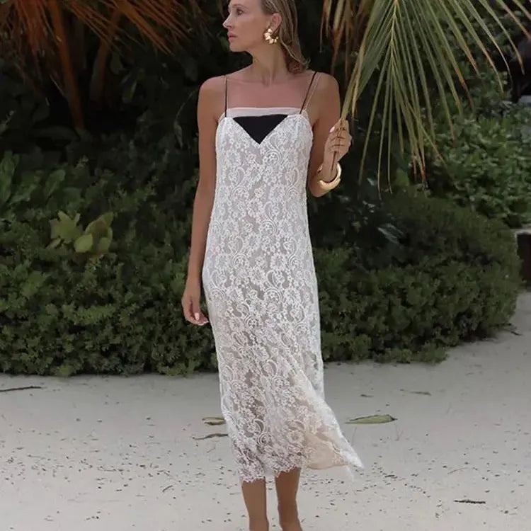 Women Sexy Lace White See Through Maxi Dress Fashion Sling High Waist Bodycon Beach Robe 2024 Summer Vacation Street Vestidos