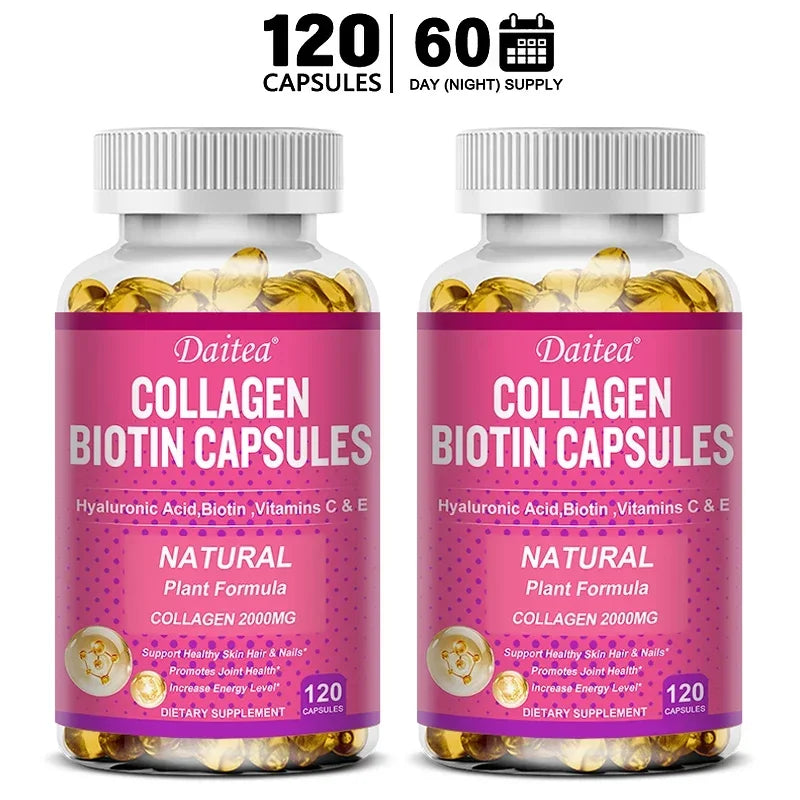 Collagen Biotin Supplement - Hyaluronic Acid Biotin Vitamin C E - Hair Skin Nails Joint Support and Energy Boost Vegan Capsules