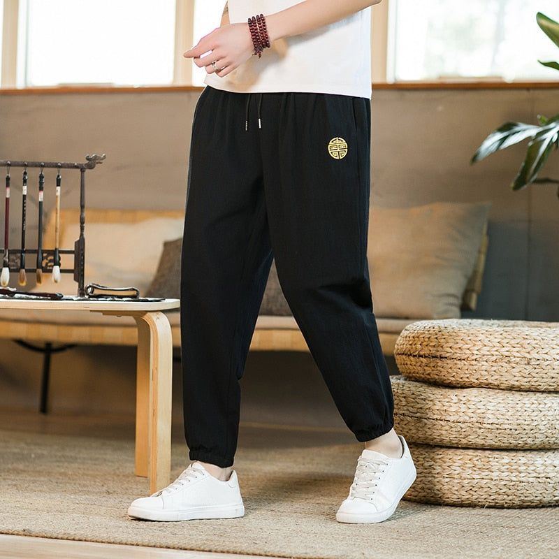 Cotton Linen Pants Men Fashion Embroidery Loose Pants Men's Street Jogging Pants - Jointcorp