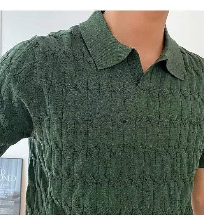 Summer Men's Jacquard Knitted Polo Shirts Stylish V-neck Short-sleeved Lapel Knit Pullover Tops Men Business Casual Wear T-shirt