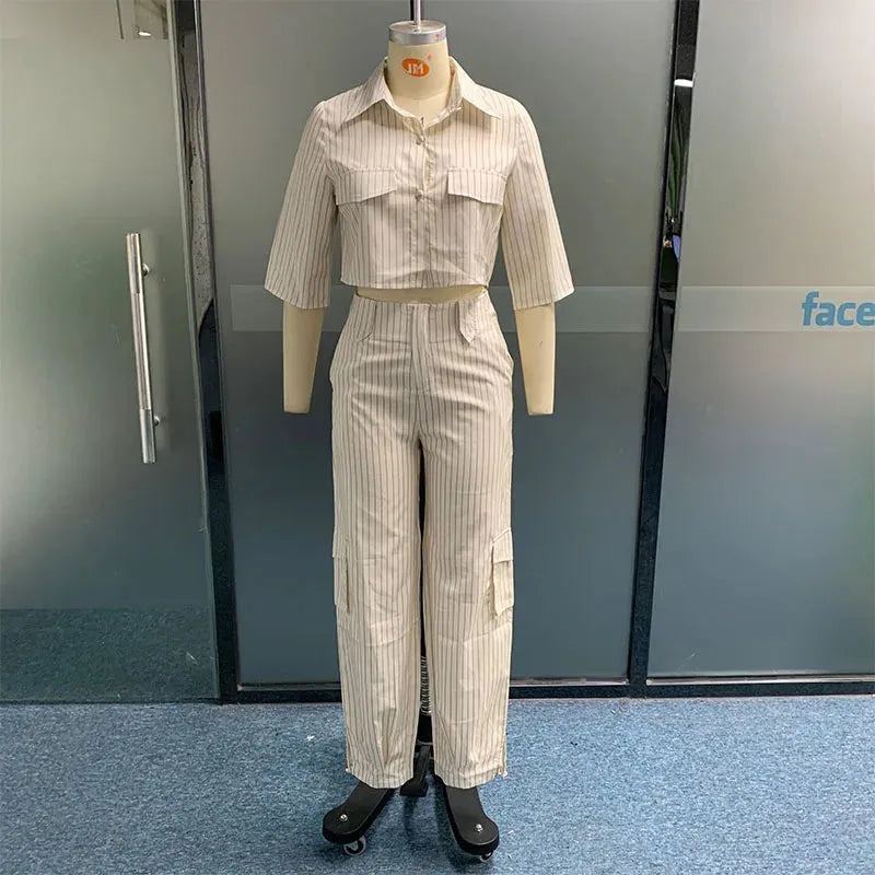 Women Two Piece Set Summer Casual Lapel Single Breasted Hald Sleeve Loose Top Striped Printed With Pockts Pants Sets