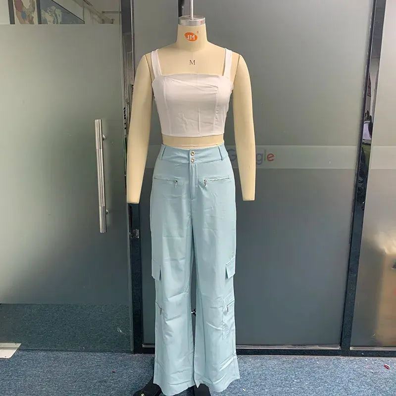 Women Two Piece Set Summer Stylish Solid Suspender Sleeveless Bacekless Lace Up Camisole Top Loose Cargo Pants Sets