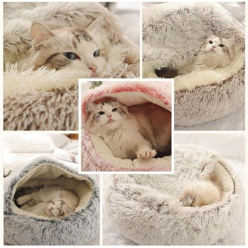 Plush Round Cat Bed Pet Mattress Warm Soft Comfortable Basket Cat Dog 2 in 1 Sleeping Bag Nest for Small Dogs - Jointcorp