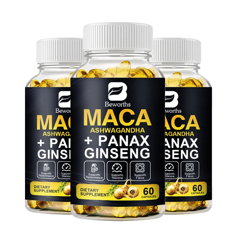 BEWORTHS Natural Maca Root Capsules with Ashwagandha Extract Vegetarian for Men Health Soft Gels Gluten Free Energy Supplement