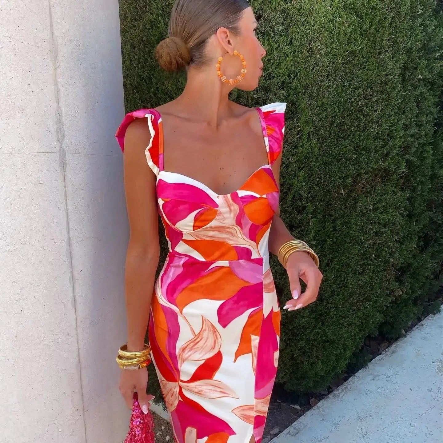 Summer Printed Women Backless Printed Strap Dress Eleagnt Sleeveless Splited Bodycon Dresses Female Streetwear Fashion Vestidos