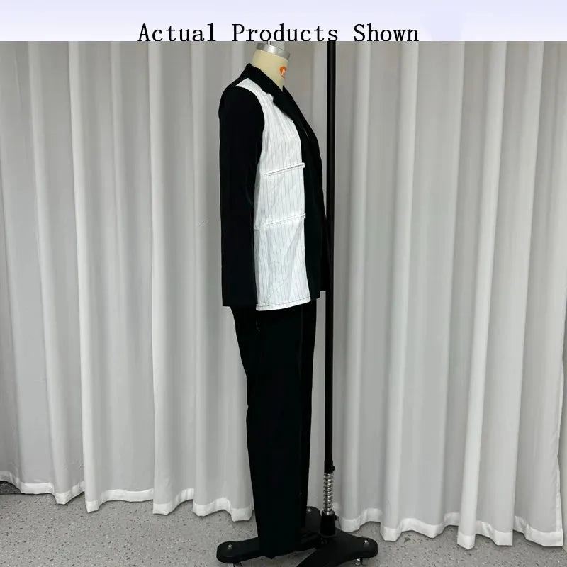 Women Blazer Suit Autumn Office Fashion Splicing Lapel Single Button Long Sleeve Top Loose With Pockets Pants Sets