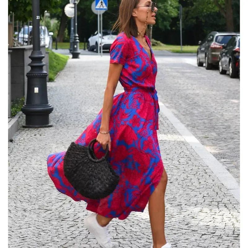 Summer Fashion New Floral Printed Mid-Length V-Neck Dress Split Vacation Style Dresses