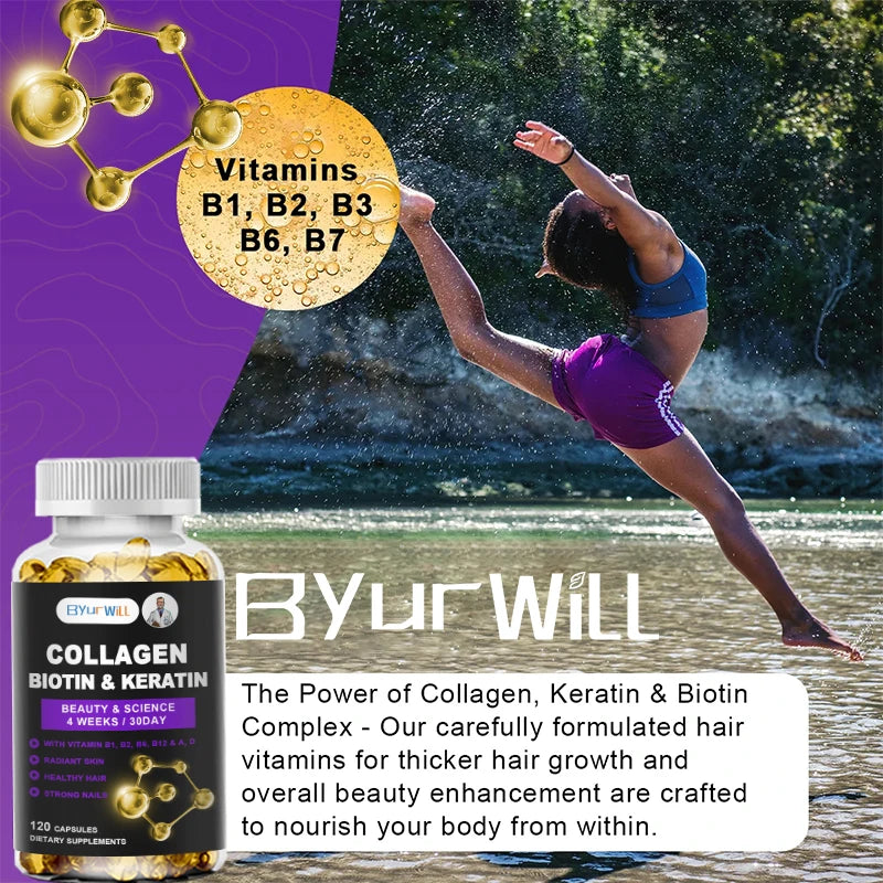 ByurWill Biotin Collagen Supplement Biotin for Hair Growth Strong Hair Dry Hair Follicle Repair Skin Adult 4 weeks Change Beauty
