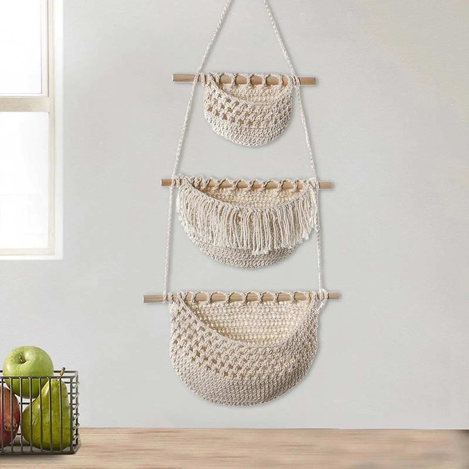 Hanging Fruit Baskets Multipurpose Boho Decor Handwoven Indoor Planter Holder for Organizing Onion Vegetables Potato Kitchen